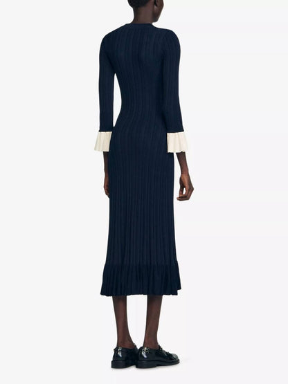 SD Knitted V Neck Contrast Sleeve Midi Dress in Navy blue & Black