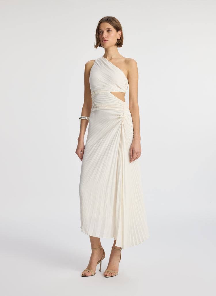 ALC Dahlia Satin Pleated One Shoulder Midi Dress with Cut Out