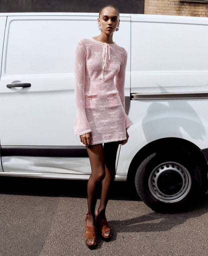 SP Pink Bow Crochet Mini Dress