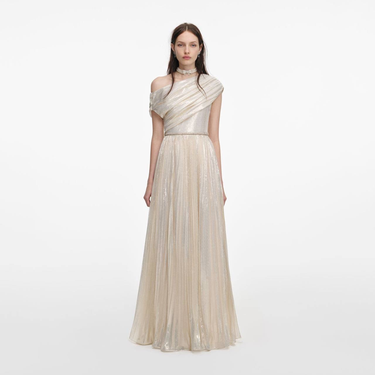 SP Champagne Metallic Chiffon One Shoulder Maxi Dress
