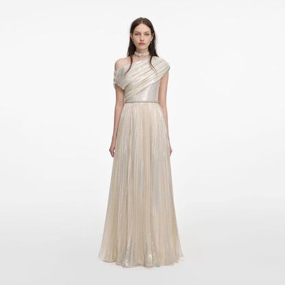 SP Champagne Metallic Chiffon One Shoulder Maxi Dress