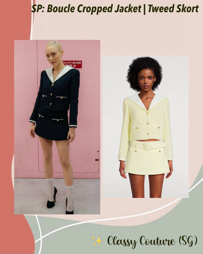 SP Boucle Contrast Collar Cropped Jacket | Tweed Skort | Yellow & Navy Set