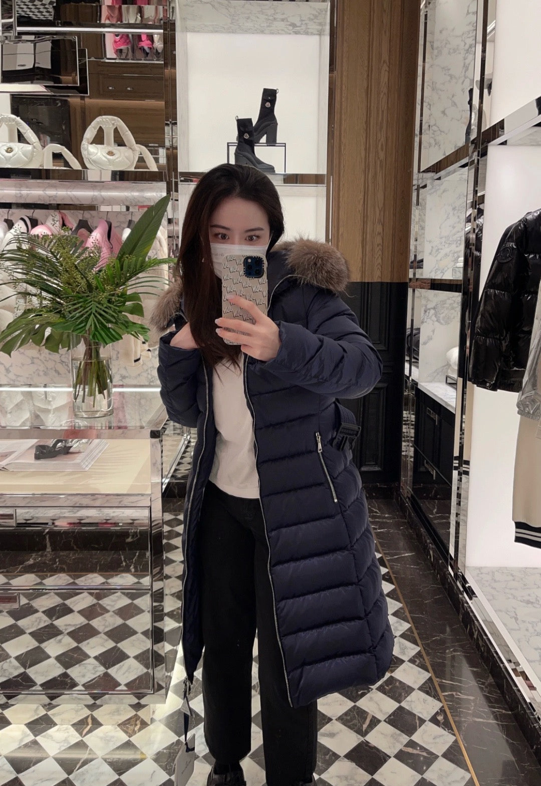 MC Leersie Hooded Shearling-Trimmed Long Down Jacket Coat in Navy Blue