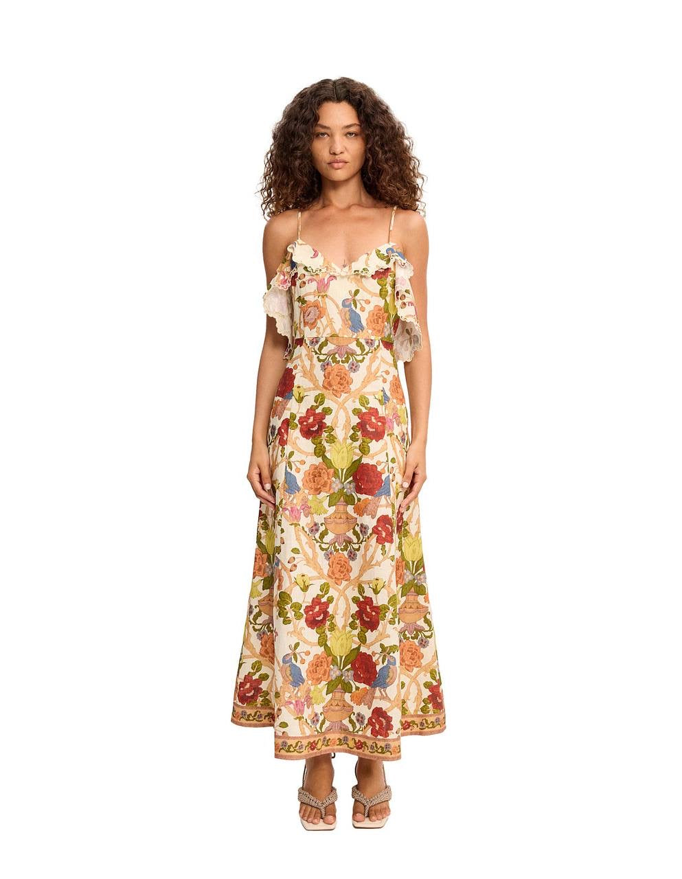 ALM Nissa Ruffle Linen Strappy Midi Dress
