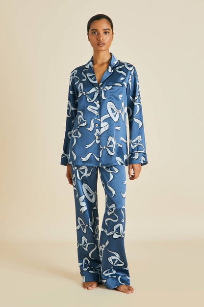 OVH Lila Bow Silk Satin Pyjamas Set in Arran Blue and Aileas Pink