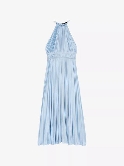 MJ Blue Sky Satin Pleated Plissé-Effect Halter Midi Maxi Dress