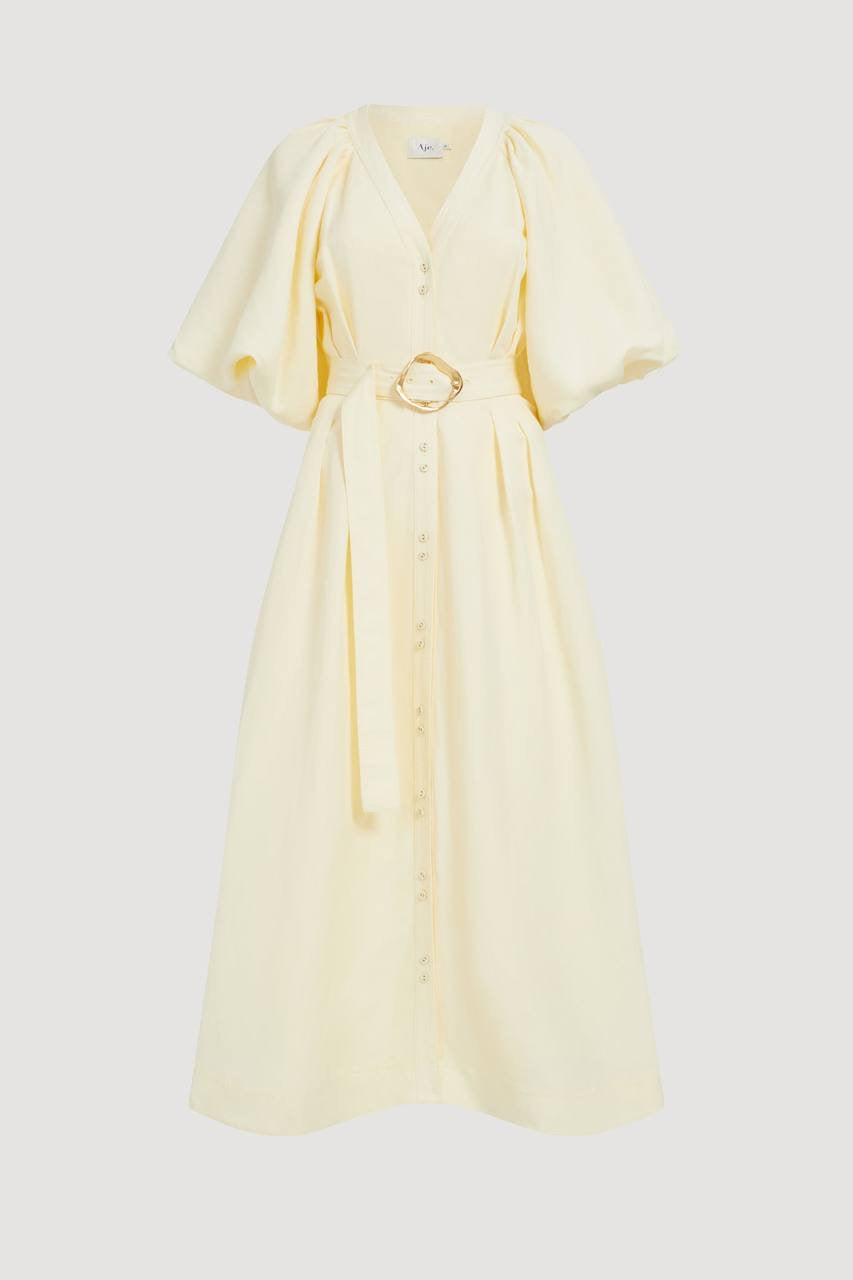 AJ Portrait Puff Sleeve Linen-blend Midi Dress