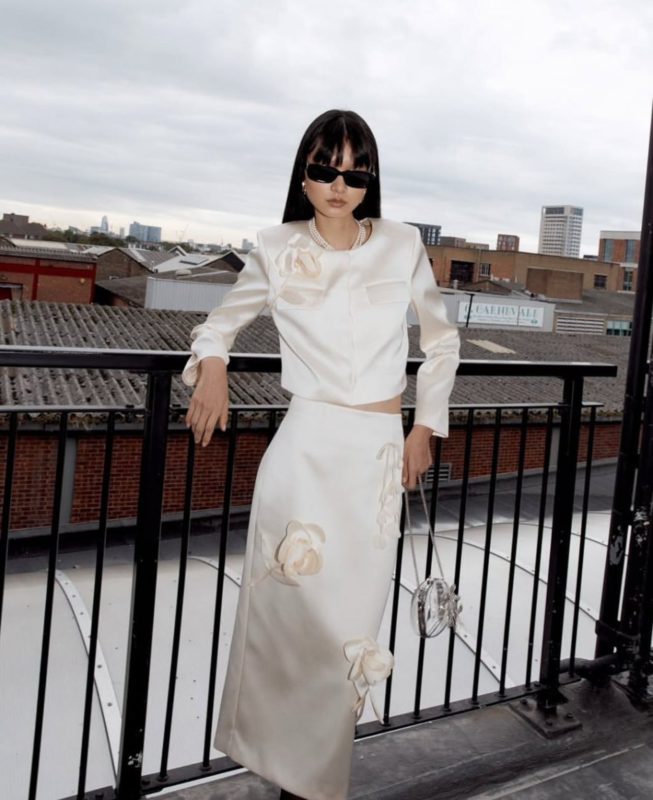 SP Cream 3D Flower Satin Jacket | Midi Skirt