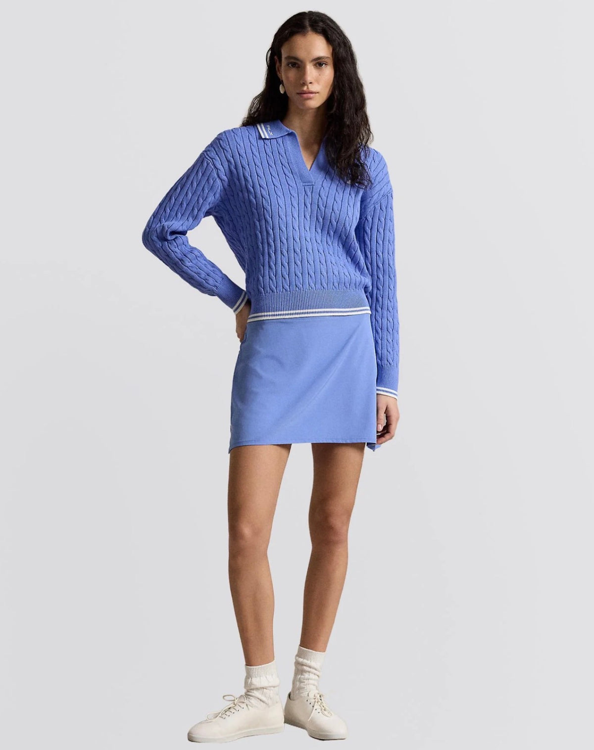 RL Long Sleeve Cotton-blend Cable Knit Polo Open Placket Contrast Sweater Jumper