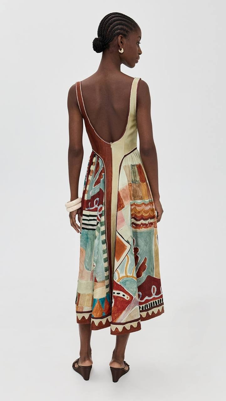 ALM Michelle Linen-Viscose Square Neck Midi Dress
