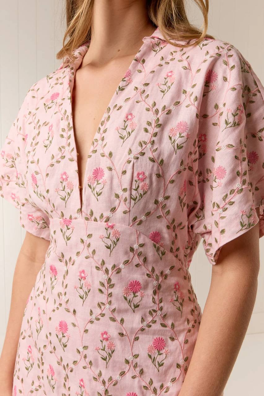PN Ava Linen-cotton Midi Maxi Dress in Luxembourg Tile Pink Floral