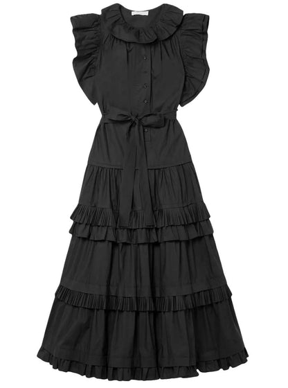 UJ Elsie Ruffle Sleeve Cotton Midi Dress in Noir Black