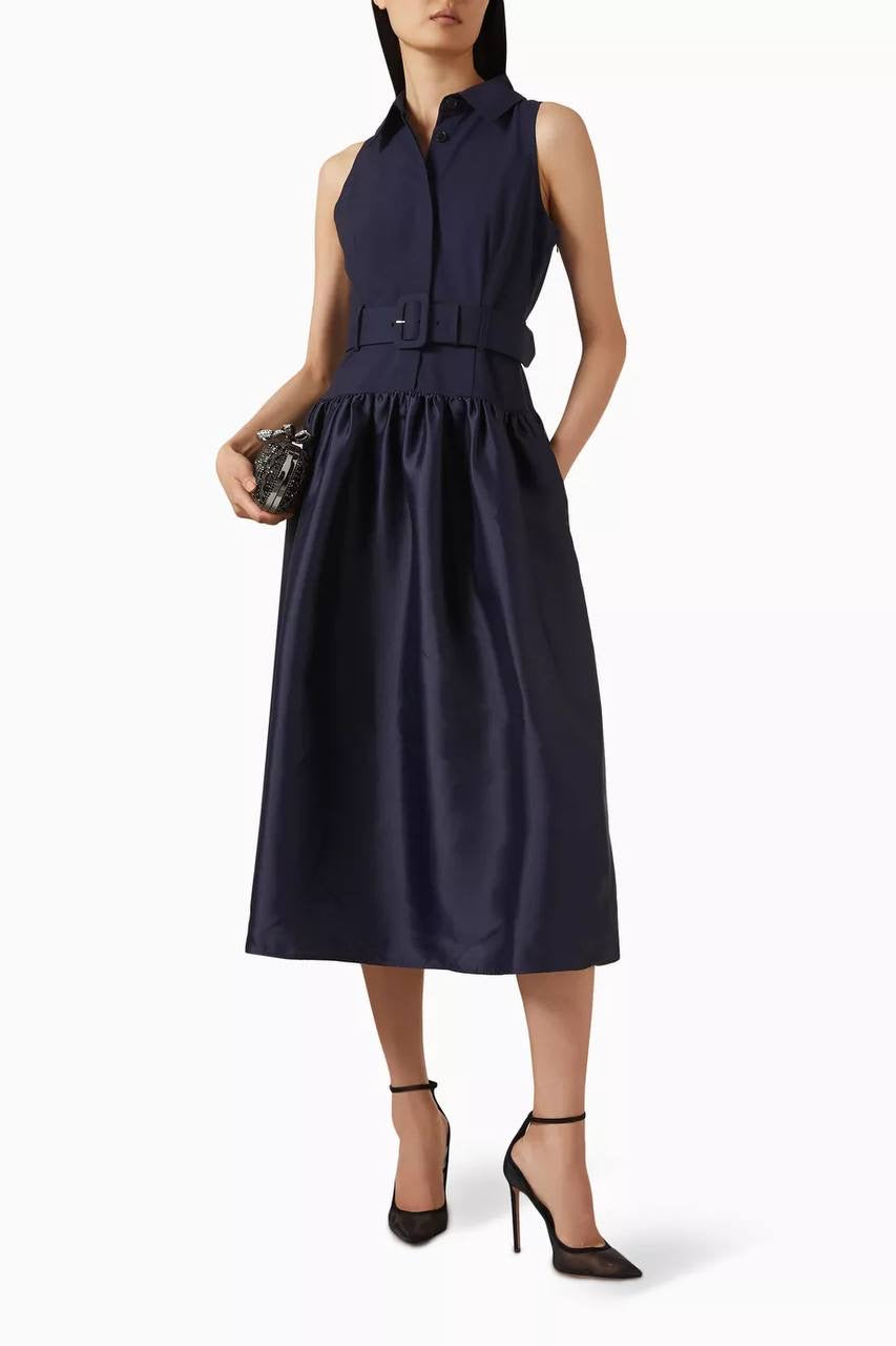 SP Navy Blue Belted Drop Waist Viscose-wool Twill Midi Dress
