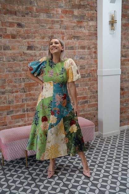 ALM Avery Puff Sleeve Linen Spliced Midi Dress