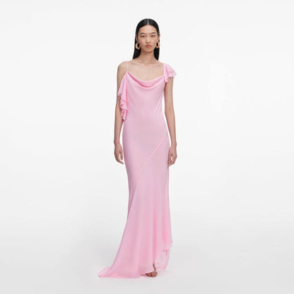 SP Pink Georgette Ruffled One-Shoulder Maxi Dress
