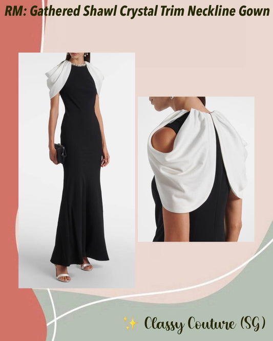 RM Gathered Contrast Shawl Crystal Trim Neckline Gown Maxi Dress in Black/white