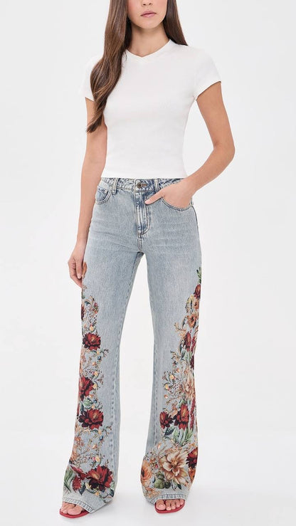 AO Chic Floral Printed High-rise Cotton Jeans