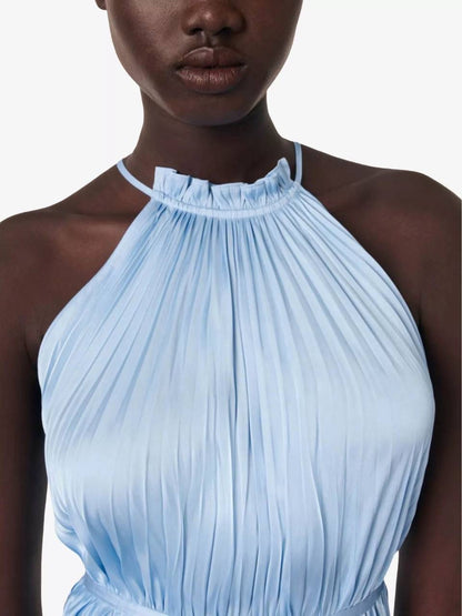 MJ Blue Sky Satin Pleated Plissé-Effect Halter Midi Maxi Dress