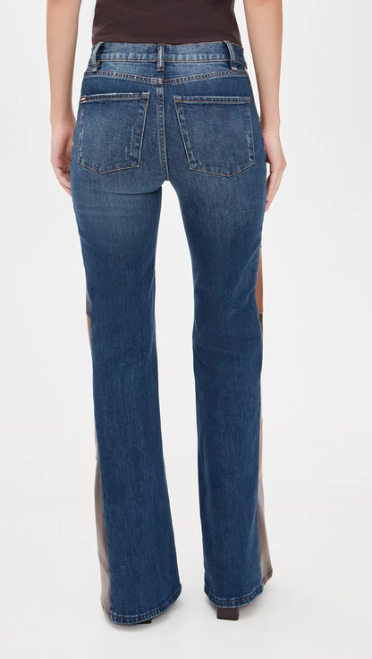 2 Styles! AO SB Vegan Faux-Leather Cutout Jeans in Patchwork Flare & Brown