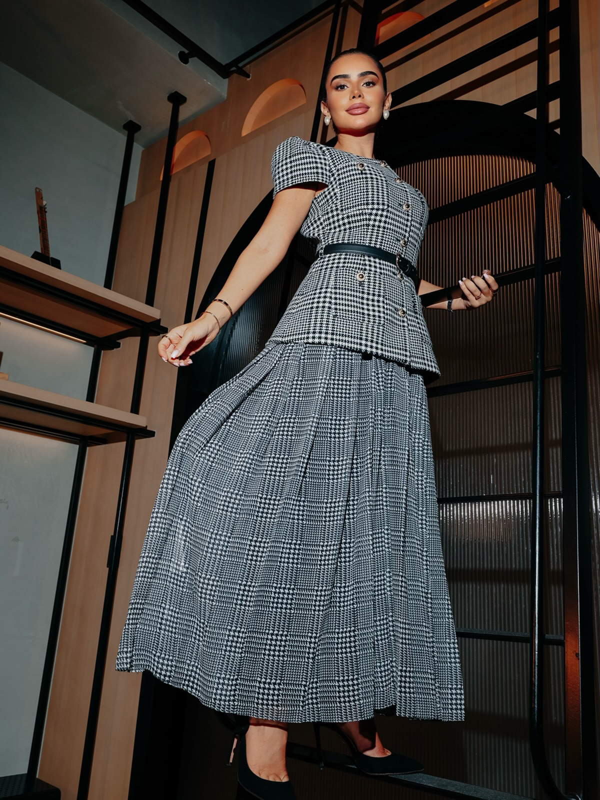 Grey Houndstooth Pleated Short Sleeve Tailored Midi Dress