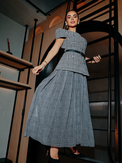 Grey Houndstooth Pleated Short Sleeve Tailored Midi Dress