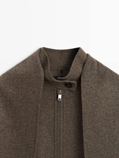 MD Wool-Blend Bomber Jacket With Detachable Scarf Cape