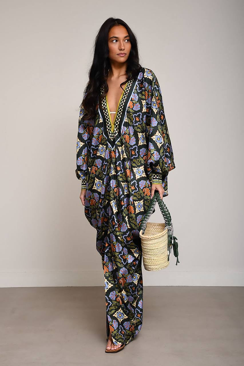 ALM Cece Floral Silk-twill Kaftan Midi Maxi Dress