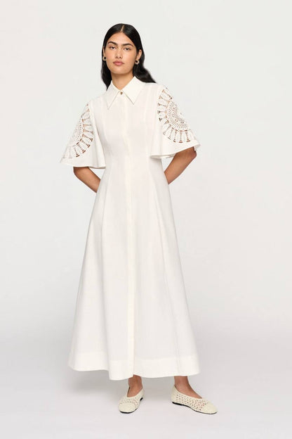 CLE Valentina Linen-cotton Lace-sleeve Midi Maxi Dress