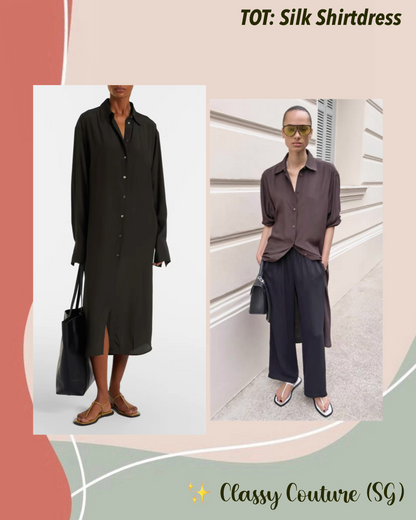 TOT Silk Shirtdress Midi Dress / Long Shirt in Black & Brown