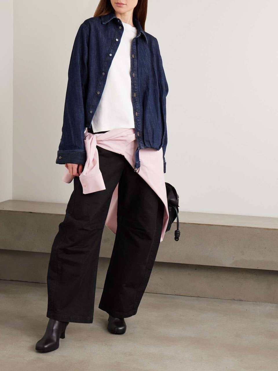 LW Draped Asymmetric Button Shirt | Belted Baggy Pant Jeans | Cotton-blend Denim Set