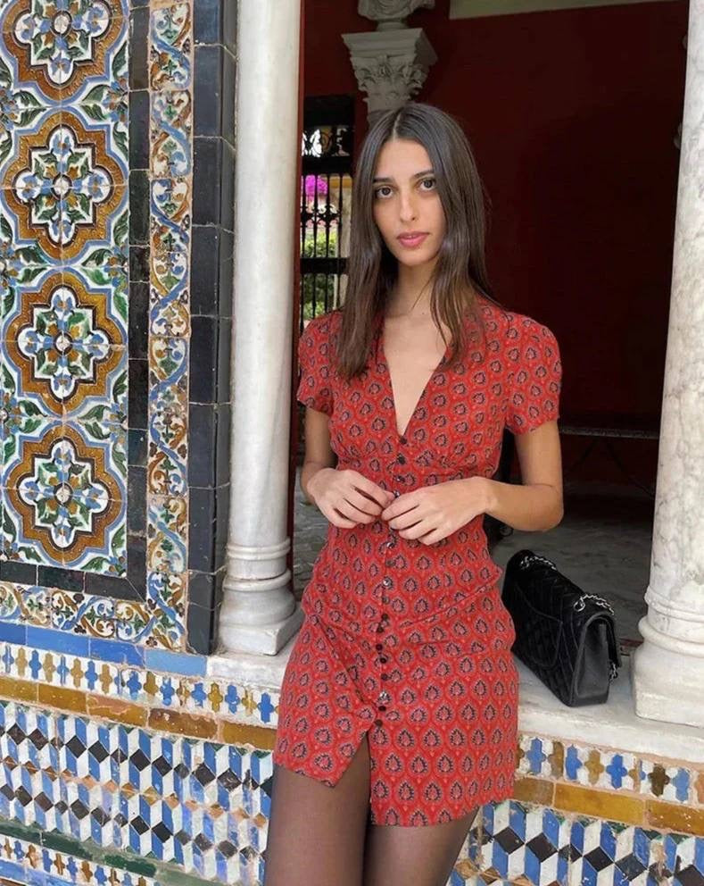 RP Cecile Silk V-neck Mini Dress in Lucky Fortune Red