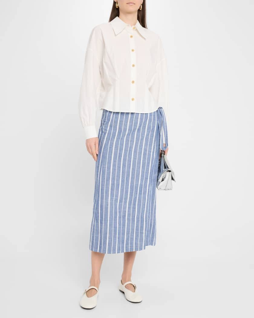 AA Flowe Pocket Button Up Shirt | Trail Shorts | De Vera Wrap Skirt | Striped Cotton Chambray Blue Set