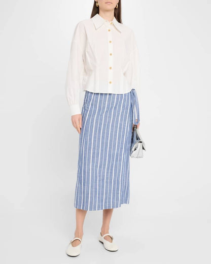 AA Flowe Pocket Button Up Shirt | Trail Shorts | De Vera Wrap Skirt | Striped Cotton Chambray Blue Set