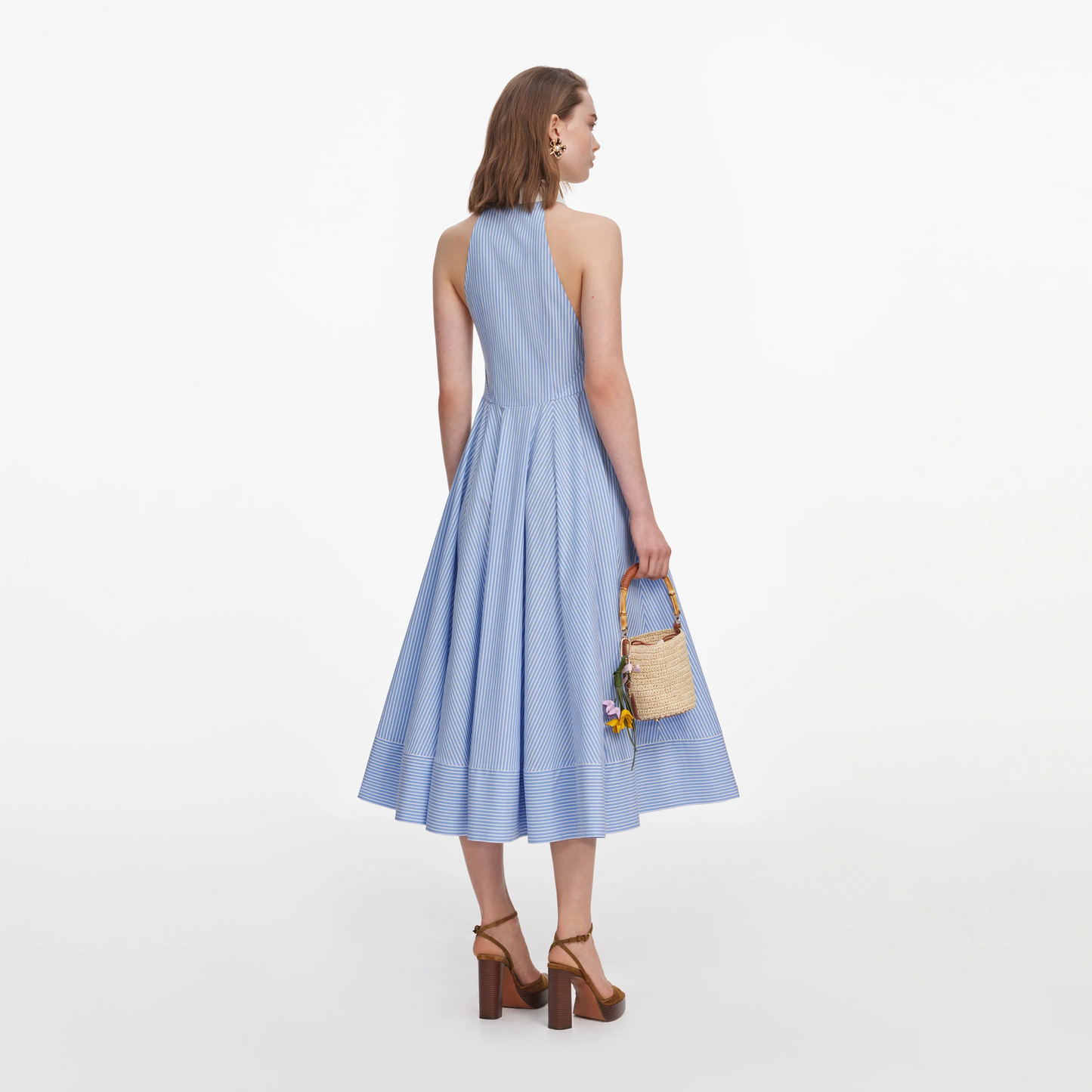 SP Blue Striped Collar Sleeveless Cotton Midi Dress
