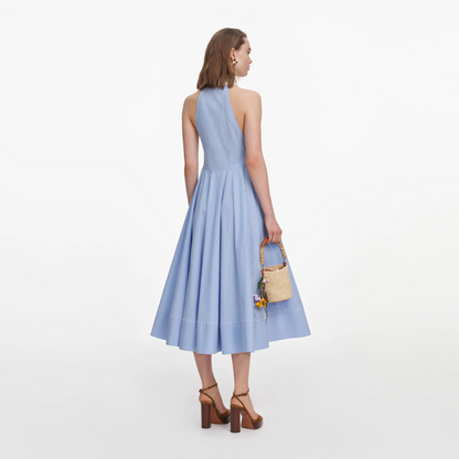 SP Blue Striped Collar Sleeveless Cotton Midi Dress