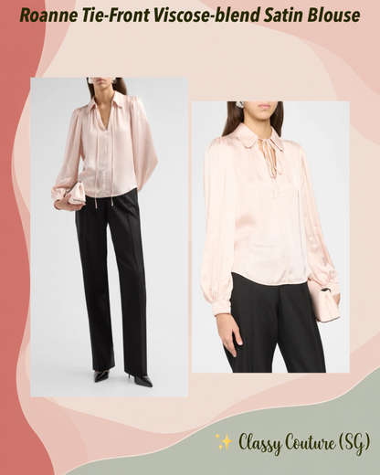 Roanne Tie-Front Viscose-blend Satin Long Sleeve Blouse Top in Blush Pink