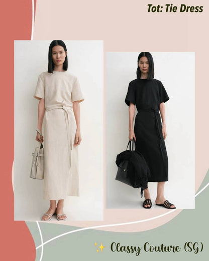 Tot Fluid Short Sleeved Tie Waist Shirtdress Lyocell-Linen Midi Dress