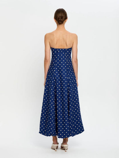 KV Lily One-Shoulder Toga Midi Dress | Strapless Bubble Cotton-Linen Polka Dot Maxi Dress
