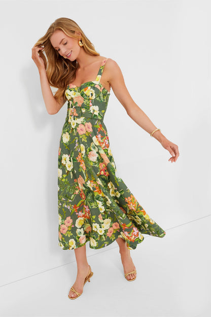 CC Calypso Linen Midi Dress Olive Kingston Floral