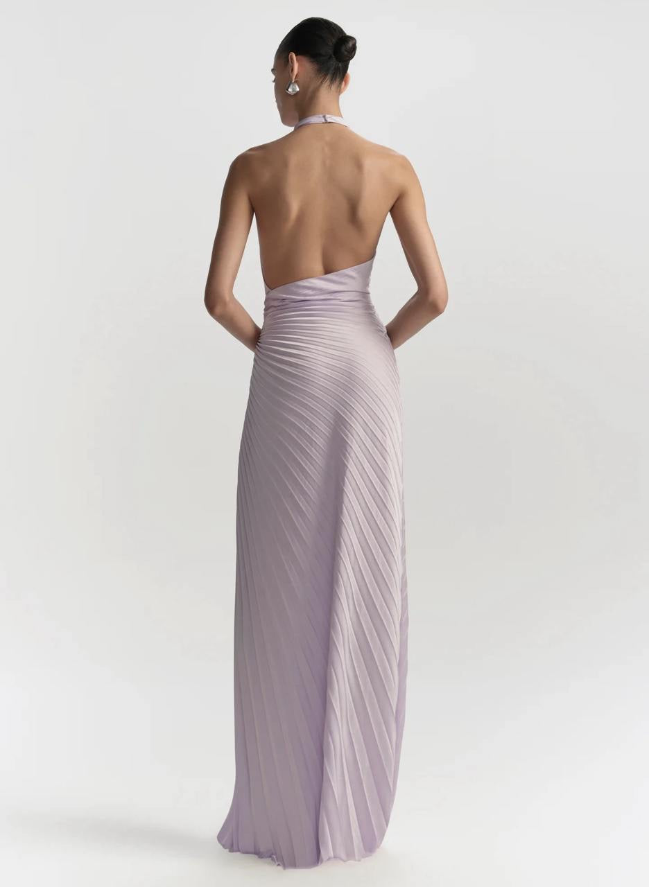 ALC Romy Halter Pleated Satin Gown Maxi Dress