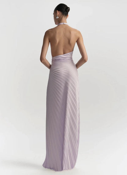 ALC Romy Halter Pleated Satin Gown Maxi Dress
