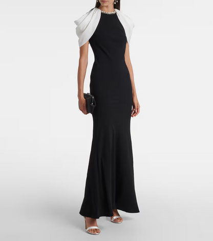 RM Gathered Contrast Shawl Crystal Trim Neckline Gown Maxi Dress in Black/white