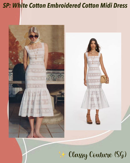 SP White Cotton Embroidered Cotton Flared Mermaid Midi Dress