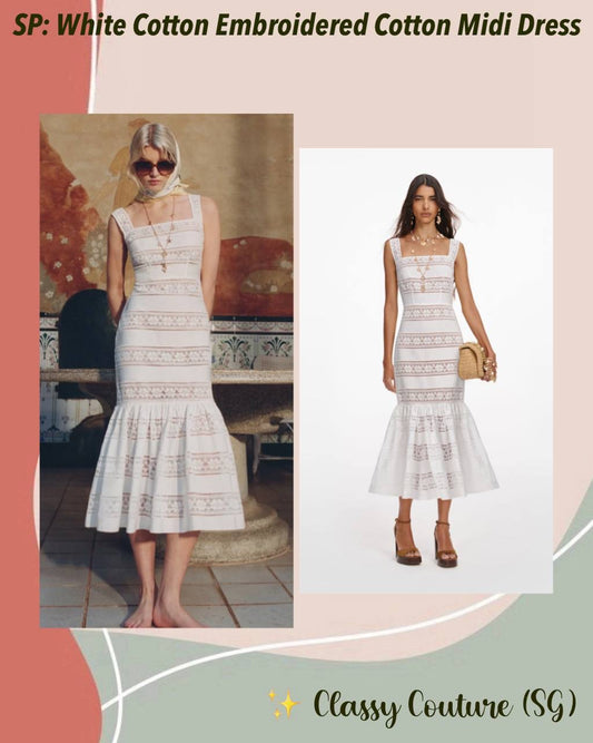 SP White Cotton Embroidered Cotton Flared Mermaid Midi Dress