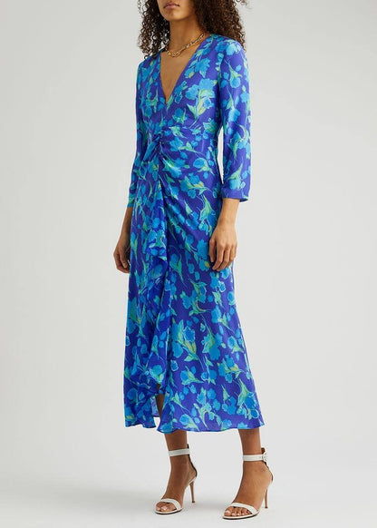 RX Rose Floral Print Silk Midi Dress