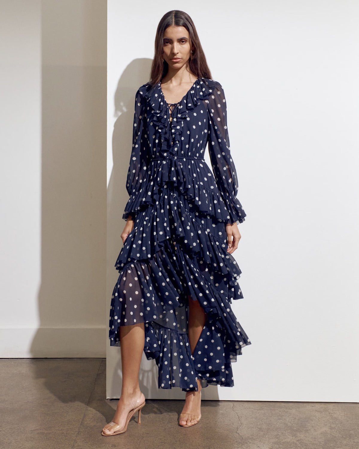 SP Navy Blue Georgette Ruffled Polka-Dot High-low Waterfall Midi Maxi Dress