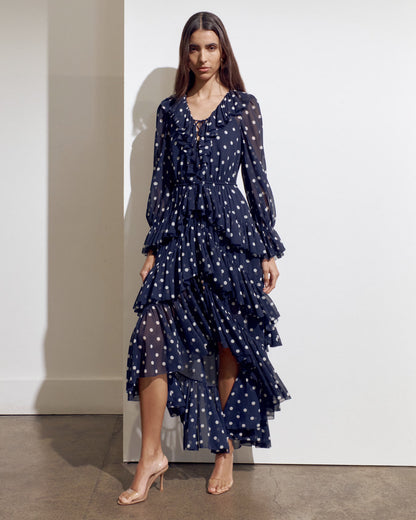 SP Navy Blue Georgette Ruffled Polka-Dot High-low Waterfall Midi Maxi Dress