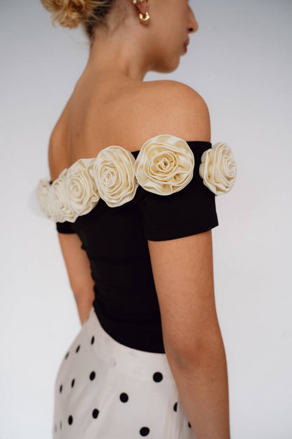ML Gabrielle Off-Shoulder Top | Gabby 3D Rose Appliqué Maxi Dress