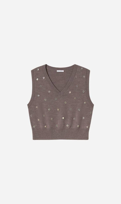 SL V Neck Wool Sweater Vest | Cropped Crewneck Pearl