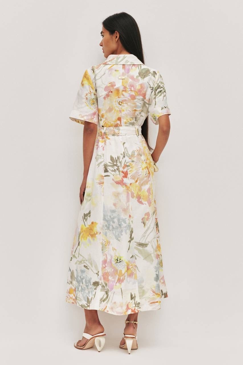 AJ Manon Linen-viscose Belted Midi Dress